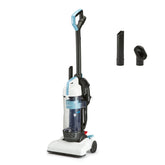 Amazon Basics upright vacuum showing lightweight maneuverability for easy cleaning around furniture.