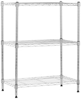 Amazon Basics 3-shelf chrome steel rack with sturdy frame for versatile storage.