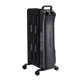 Amazon Basics portable radiator heater front view with seven fins for even distribution.