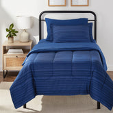 Amazon Basics twin xl comforter with blue Calvin-striped design for all-season comfort