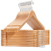 Amber Home natural wooden hanger with flat body for efficient closet storage.