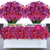 AmberFun 24-pack outdoor artificial flowers in purple and rosy red for vibrant porch displays.