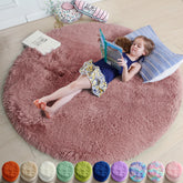 Amdrebio blush fluffy round rug closeup showing plush fibers and soft texture for comfort