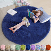Amdrebio navy blue round rug with plush fur for a soft, inviting feel underfoot.