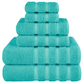American Soft Linen turquoise 6-piece towel set in packaging, ideal for gifting.