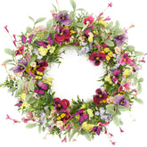 AMF0RESJ artificial spring wreath for front door with pansies adds welcoming color.