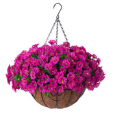 Ammyoo artificial hanging flower basket with fuchsia petunias adds color to outdoors.