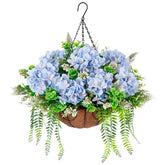 Ammyoo blue hanging hydrangea basket viewed in full, ideal for outdoor decor.