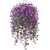 Ammyoo Purple Lotus hanging basket with daisies and eucalyptus for outdoor charm.