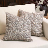 Amor Virisso floral pillow cover 20x20 front view with vintage block print pattern for neutral decor