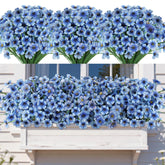 AmyHomie blue outdoor artificial flowers in a planter showing UV resistance