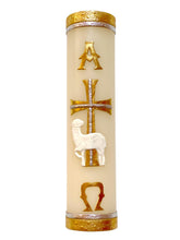 Angelitos de Mexico Paschal Candle alpha omega cross image, enhances Easter ceremonies with reverent symbolism.