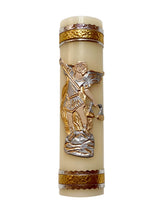 Angelitos de Mexico Archangel Michael candle close-up for focused prayer and sacred ambiance.