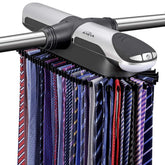 Aniva motorized tie rack mounted on a closet rod displaying 72 ties and 8 belts for easy selection