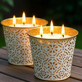 AOTOIE citronella candle outdoor three-wick with gold bucket for patio ambiance.