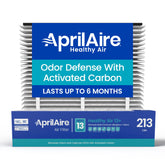 Aprilaire 213CBN filter visual focused on odor control for a fresher home.