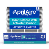 Aprilaire 213CBN packaging highlighting carbon-activated filtration for odors.