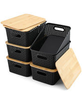 AREYZIN storage bins with bamboo lids set of six for clutter-free organization.