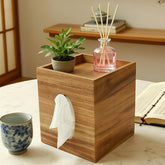 Arflo acacia wood tissue box cover with square tray showing organized surface decor