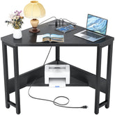 Armocity corner desk with outlets and USB ports enables cable-free charging.