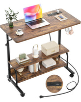 Armocity rolling desk in rustic brown with outlets visible for charging devices