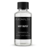 AROMALEV My Way diffuser bottle highlights oud and leather notes for a luxurious atmosphere.