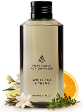 AROMAPLAN White Tea & Thyme bottle with elegant label, a calming scent for home.