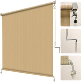 Artpuch outdoor roller shade rolled up provides shade and privacy for sunny patios.