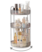 Asayuee 360° rotating makeup organizer showing easy access to powders and brushes
