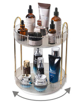 Asayuee 360° rotating makeup organizer in clear two-tier design for easy access.