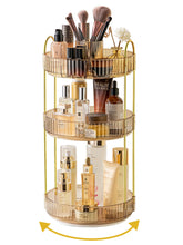 Asayuee 360 rotating makeup organizer, gold top compartment for easy access to essentials.
