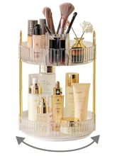 Asayuee 360° rotating makeup organizer top-compartment grid keeps cosmetics organized at a glance.