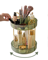 Asayuee 360° rotating makeup organizer top compartment provides easy access to essentials.