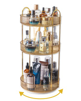 Asayuee 360 rotating makeup organizer on vanity enables easy access to cosmetics.