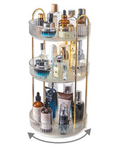 Asayuee 360° rotation makeup organizer on vanity for easy access to cosmetics.