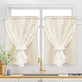 ASPMIZ Linen Kitchen Curtains front view with lace overlay for soft light and privacy.