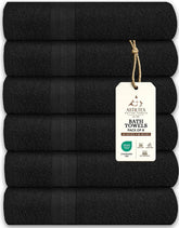 ASTILTEX bath towel flatlay in black shows soft 100% cotton finish.