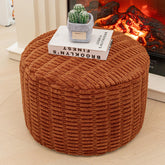 Asuprui pouf ottoman orange round with soft-touch surface for feet.