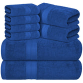 Avalon Towels luxury 8-piece blue towel set with hotel-grade softness.