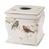 Avanti Linens tissue box cover featuring gilded birds on ivory ceramic for bath dΓ©cor.