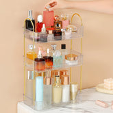 Aveniee 3-tier bathroom organizer top view shows spacious shelves for skincare and fragrances.