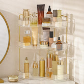 Aveniee corner organizer, 3-tier, angle view, space-saving design for cosmetics.