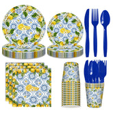 AWLZJZQA Amalfi Coast lemon plates brighten a Mediterranean party tablescape.