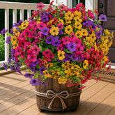 AXYLEX outdoor artificial flowers display on a porch with year‑round color and minimal upkeep