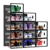 BALEINE 12-pack stackable shoe storage boxes organized in a closet save space and simplify access.
