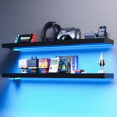 BAMEOS floating shelves with LED front view in black for ambient lighting and storage.