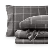 Bare Home queen plaid grey white sheet set on bed showing modern style and comfort.