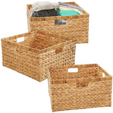 BARIEN water hyacinth rectangular basket trio on a shelf for organized storage.