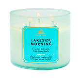 Bath & Body Works Lakeside Morning candle jar front enhances cozy living room ambiance.