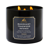 Bath & Body Works Mahogany Teakwood Intense 3-wick candle, close-up jar showing bold fragrance